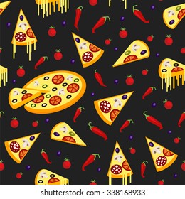Seamless pattern of pizza, chili peppers and tomatoes in a flat style.