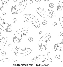 Seamless pattern of pizza crust, crumbs and olive ring. Illustration in doodle style. Concept of very tasty fastfood. black and white background for print for restaurant menu and paper napkin.