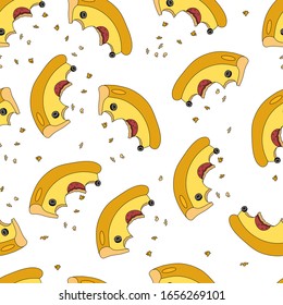 Seamless pattern of pizza crust. Illustration in flat and doodle style. Concept of very tasty fastfood. Colorful background for print for restaurant menu and paper napkin.