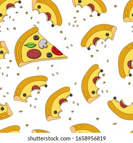 Seamless pattern of pizza crust. Illustration in flat and doodle style. Concept of very tasty fastfood. Colorful background for print for restaurant menu and paper napkin.
