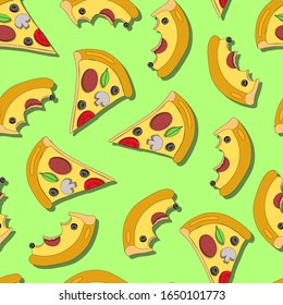 Seamless pattern of pizza crust on green. Illustration in flat and doodle style. Concept of very tasty fastfood. Colorful background for print for restaurant menu and paper napkin.
