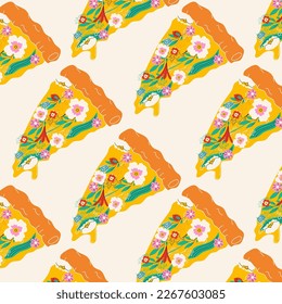 Seamless pattern with Pizza with different flowers. Spring pizza. Hand drawn vector illustration