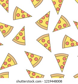 Seamless pattern of pizza, flat style. Hand draw pizza. Doodle pizza seamless pattern background. Fast food seamless vector pattern.