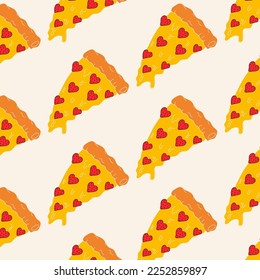 Seamless Pattern with Pizza in the form of a heart. Valentine's Day concept