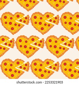 Seamless Pattern with Pizza in the form of a heart. Valentine's Day concept