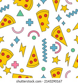 Seamless pattern with pizza and geometric figures. Hand drawn doodle food. Memphis style. Vector illustration.