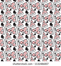 Seamless pattern with pizza and hearts.  Idea for design. Monochrome vector illustration