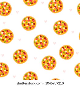 Seamless pattern with pizza and hearts. Vector hand drawn illustration.