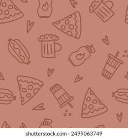 Patrón sin fisuras de pizza, hot dog, salsa y cerveza. doodle Ilustración vectorial dibujada a mano. Plantilla para las cubiertas del cuaderno, modelo para los Fondos de pantalla, para la cafetería, restaurante de comida rápida. comida chatarra