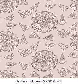 Seamless pattern with pizza image. Italian cuisine. Italian food in doodle style. Pattern in sketch style with pizza, basil, Paperoni, cheese and mozzarella