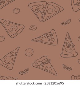 Seamless pattern with pizza image. Italian cuisine. Italian food in doodle style. Pattern in sketch style with pizza, basil, Paperoni, cheese and mozzarella