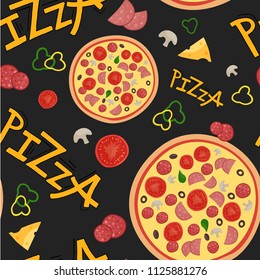 
Seamless pattern. Pizza and ingredients. Lettering word. Black background