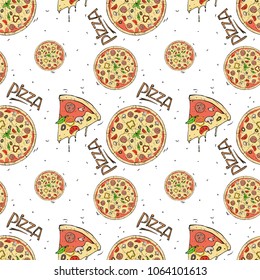 Seamless pattern of pizza and ingredients on white background. Vector illustration in sketch style.