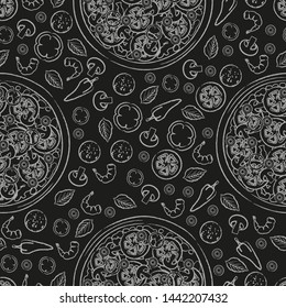 Seamless pattern with pizza and ingredients for pizza on black background. contour. Pizza menu. For packaging, advertisements, menu. Vector illustration. Chalk.