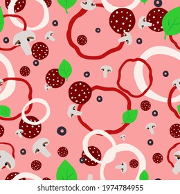 Seamless pattern with pizza ingredients on a pink background. Cooking pizza. Modern vector illustration. Ingredients for making pizza. Pink background.