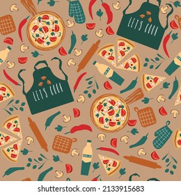 Seamless pattern of pizza and pizza ingredients. Vector illustration. 