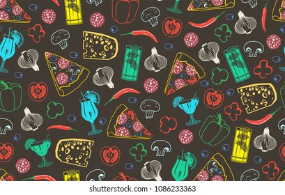 Seamless pattern of pizza isolated on black background