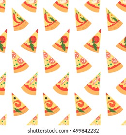 Seamless pattern with pizza margherita slices. Vector illustration. Cartoon style