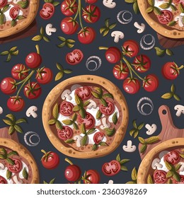 Seamless pattern with Pizza Margherita with tomatos and mozzarella. Italian cuisine, healthy food, cooking, restaurant menu, eating, recipes concept. Vector illustration