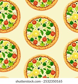 Pizza con champiñones, brócoli, espinacas, limón, tomates y hierbas, vista superior. Vector para el diseño de embalaje, tela