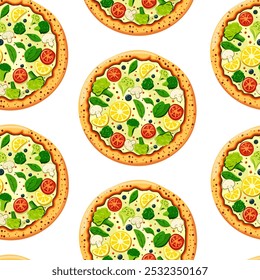 Pizza con champiñones, brócoli, espinacas, limón, tomates y hierbas, vista superior. Vector para el diseño de embalaje, tela