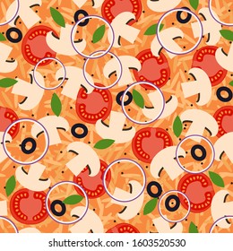 seamless pattern. pizza with mushrooms, cheese, tomatoes and olives as a background, top view. vector flat illustration. fast food.