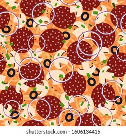 seamless pattern. pizza with mushrooms and smoked sausage, top view. vector flat illustration. fast food.