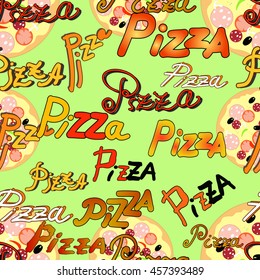 seamless pattern with pizza and the name of the pizza on a green background vector illustration