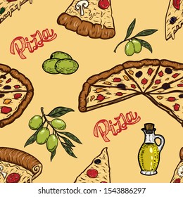 Seamless pattern with pizza and olives. Design element for poster, card, banner, flyer. Vector illustration