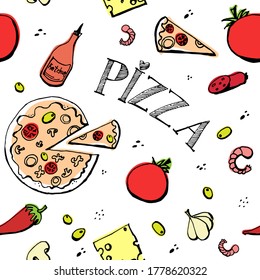 seamless pattern with pizza, olives, tomatoes
