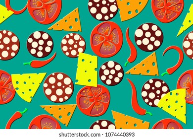 Seamless pattern of the pizza on the arcadia background