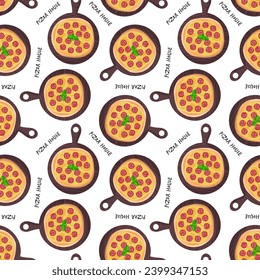 Seamless pattern with Pizza on board. Pepperoni pizza with cheese, sausage and basil. Traditional italian fast food. Repeated background for wallpaper, textile, wrapping, print. Flat design style.