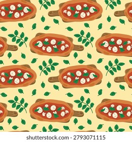 Seamless Pattern with Pizza on Wooden Board and Basil Leaves on Light Beige Background. Seamless food pattern featuring baked pizzas served on wooden boards, fresh basil sprigs, and scattered basil leaves on a light beige background. Colorful hand-drawn illustration inspired by Italian cuisine. Suitable for restaurant branding, pizzeria packaging, menu design, kitchen textiles, wrapping paper, wallpaper, and food-themed surface patterns.