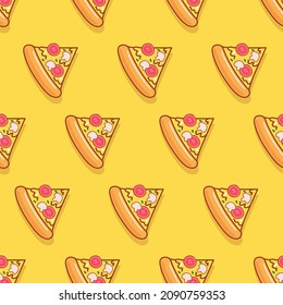 Seamless pattern pizza on yellow pastel background. Vector illustration.