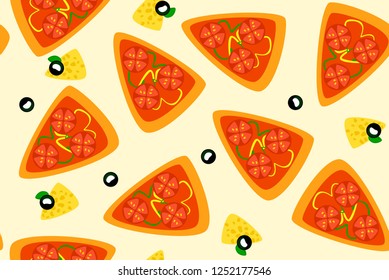 Seamless pattern of pizza with pepper, tomatoes and olives. Can be used for design flyer of restaurant delivery.