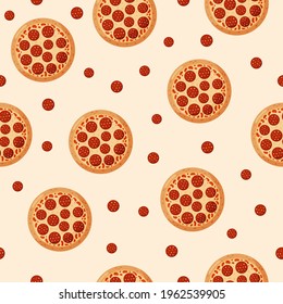 Seamless pattern with pizza pepperoni. Italian fast food. Vector background illustration.