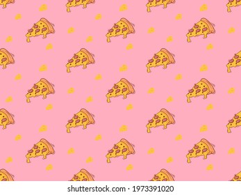 Seamless pattern of pizza slice and chesse on pink background. Vector illustration art wallpaper. Endless pattern of food.