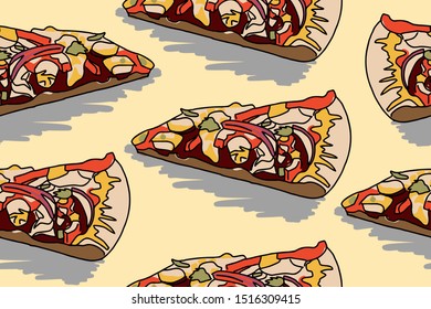 Seamless pattern with pizza slice collection. Decorative illustration, good for printing. Hand drawn wallpaper vector