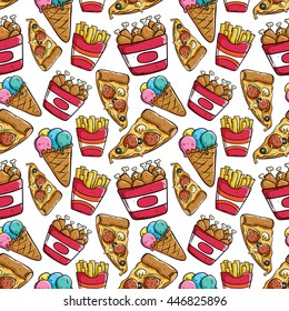 Seamless pattern of pizza slice, drumstick, french fries and ice cream