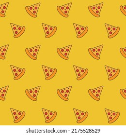 Seamless pattern with pizza slice icons on yellow background. Fast food, street takeaway junk food. Vector illustration