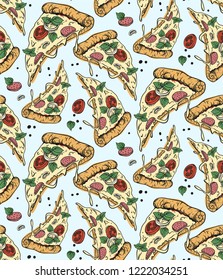 Seamless pattern with Pizza slice and ingredients. Fast food background. Vector illustration. Perfect for invitations, greeting cards, wrapping paper, posters, fabric print.