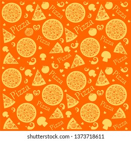 Seamless pattern with pizza slice. Italian vector pizza. Italian pizza with tomato, mushrooms, peppers, olives, cheese. Doodles pizza icons on the black background. Backdrop with fast food symbols.
