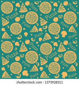 Seamless pattern with pizza slice. Italian vector pizza. Italian pizza with tomato, mushrooms, peppers, olives, cheese. Doodles pizza icons on the black background. Backdrop with fast food symbols.
