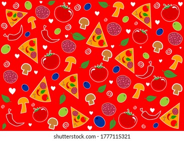 Seamless pattern with pizza slice. Italian vector pizza. Italian pizza with tomato, mushrooms, peppers, olives, cheese. Doodles pizza icons on the red background. Backdrop with fast food symbols.