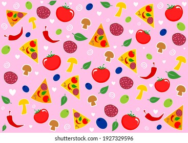 Seamless pattern with pizza slice. Italian vector pizza. Italian pizza with tomato, mushrooms, peppers, olives, cheese. Doodles pizza icons on the pink background. Backdrop with fast food symbols.