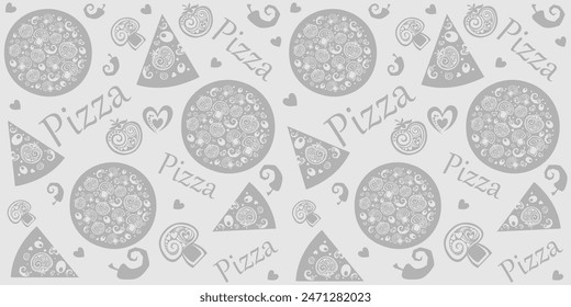 Seamless pattern with pizza slice. Italian vector pizza. Italian pizza with tomato, mushrooms, peppers, olives, cheese. Doodles pizza icons on the grey background. Backdrop with fast food symbols.