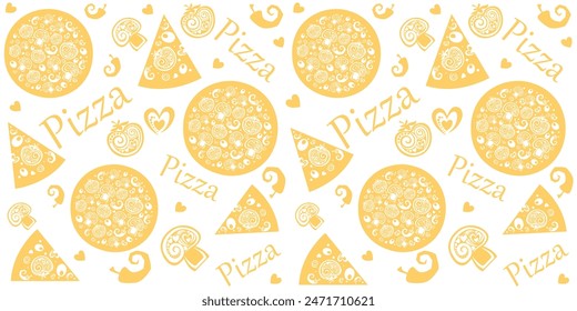 Seamless pattern with pizza slice. Italian pizza. Italian pizza with tomato, mushrooms, peppers, olives, cheese. Doodles pizza icons on the grey background. Backdrop with fast food symbols.