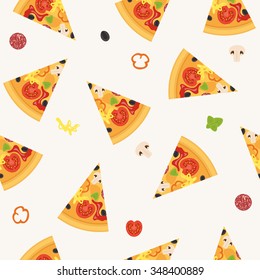 Seamless pattern with pizza slice. Italian vector pizza. Italian pizza with tomato, mushrooms, sausage, peppers, olives, cheese. Pizza background.