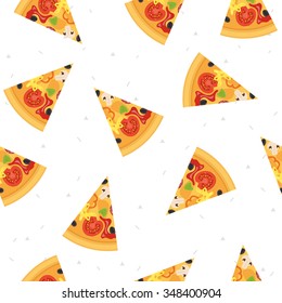 Seamless pattern with pizza slice. Italian vector pizza. Italian pizza with tomato, mushrooms, sausage, peppers, olives, cheese. Pizza background.