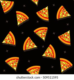 Seamless pattern with pizza slice. Italian vector pizza. Italian pizza with tomato, mushrooms, sausage, peppers, olives, cheese. Black pizza background.